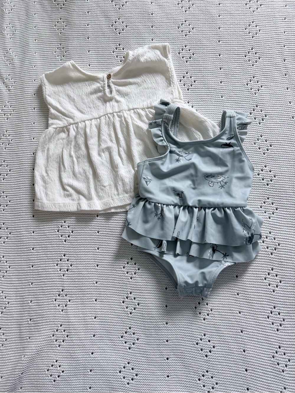 Ruffle One-Piece Swimsuit & White Baby Coverup Set - Light Blue & White